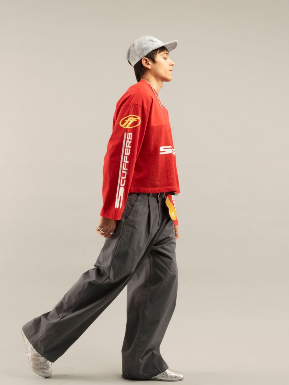 SCUFFERS Oversized Men Red Crewneck Mesh Pullover Sweater
